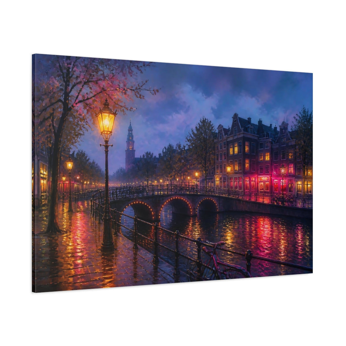 Side Mockup 1. Vintage Canal City Purple Pink Canal shown as stretched canvas wall art
