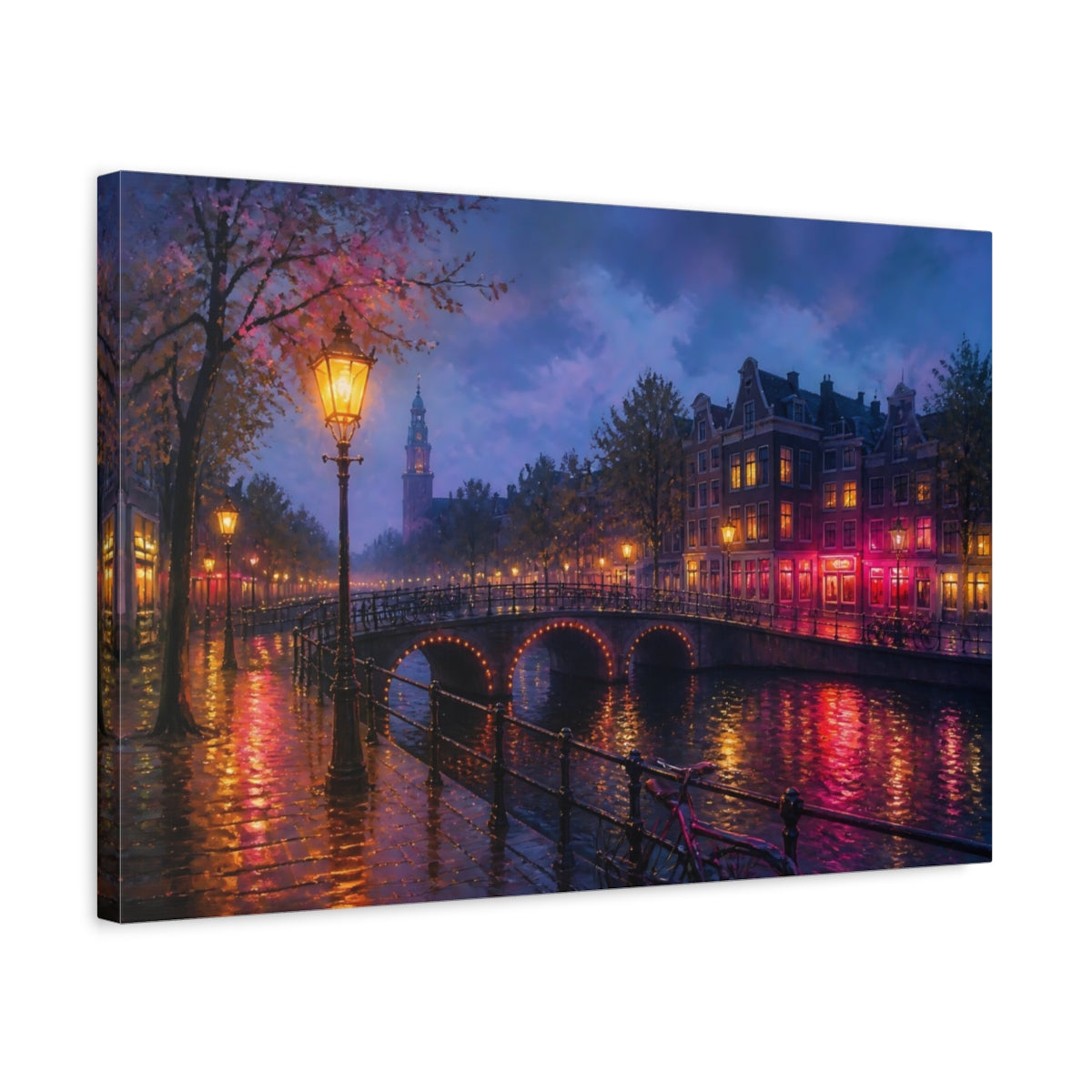 Side Mockup 3. Vintage Canal City Purple Pink Canal shown as stretched canvas wall art