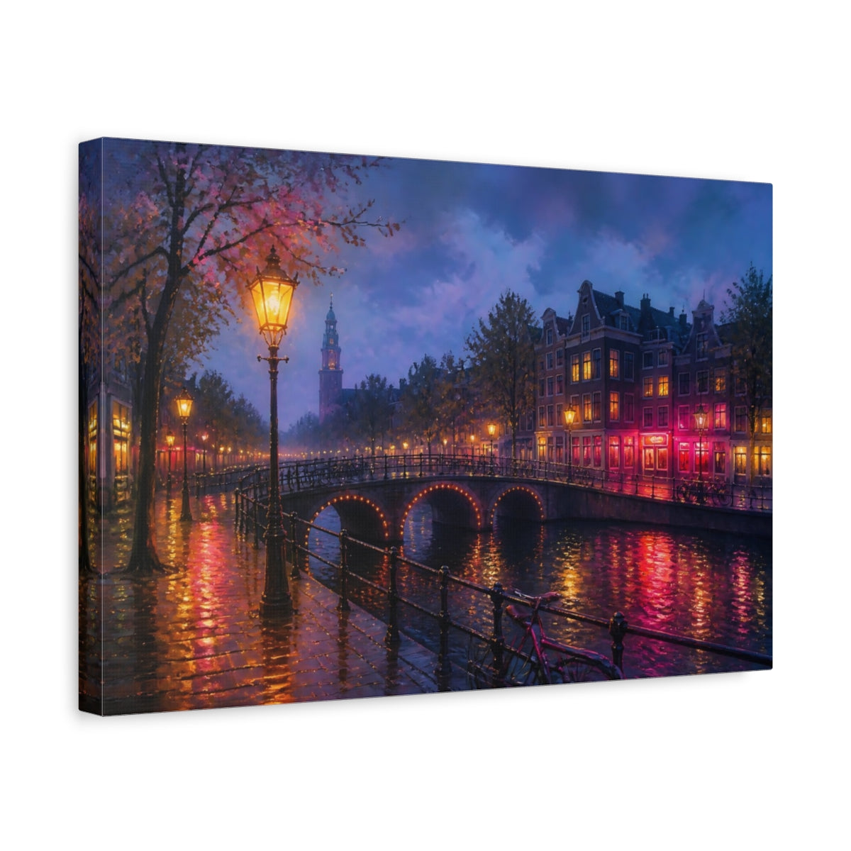 Side Mockup 4. Vintage Canal City Purple Pink Canal shown as stretched canvas wall art