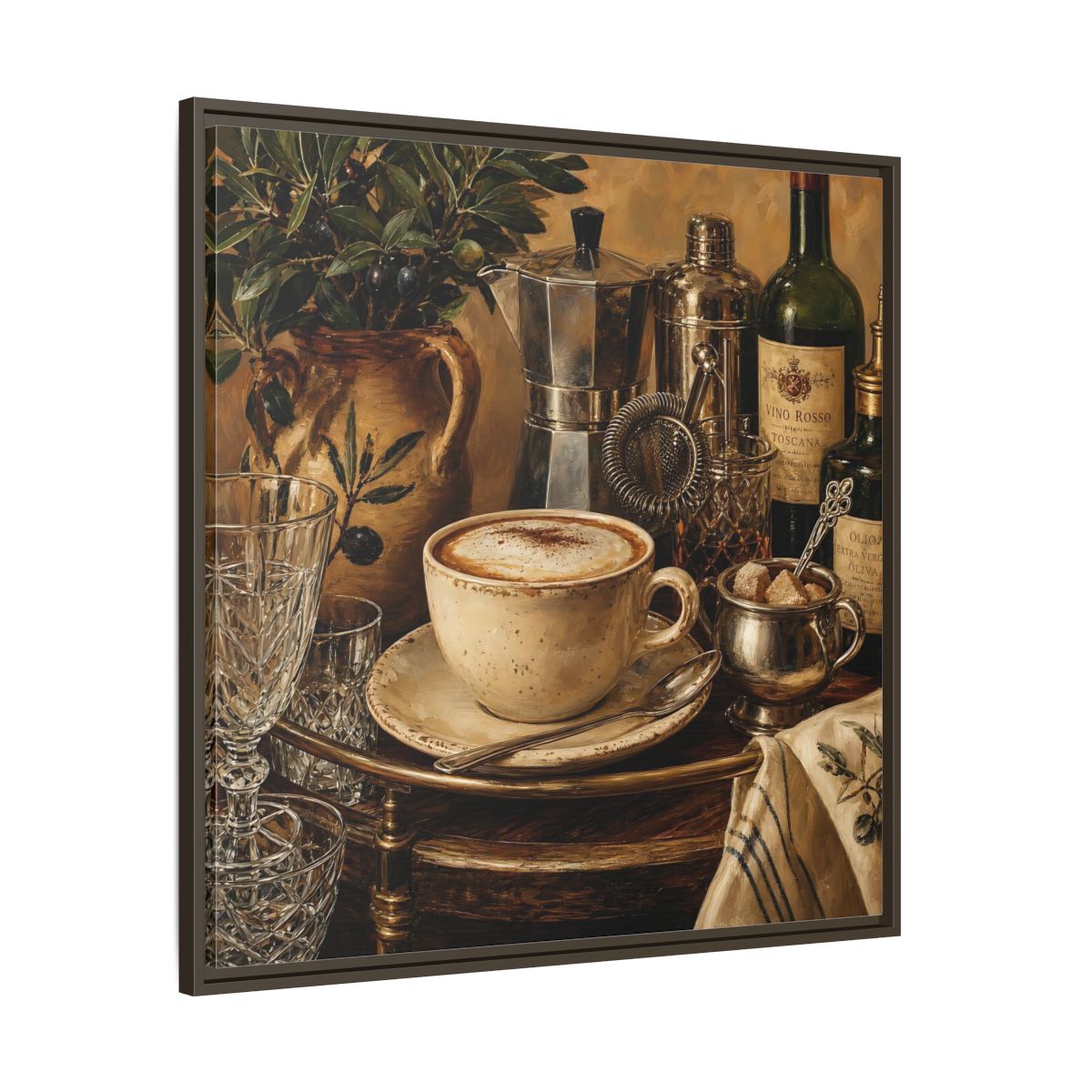 Main Mockup. Vintage Cappuccino Coffee Wine Still Life shown as stretched canvas wall art