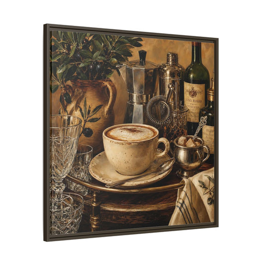 Main Mockup. Vintage Cappuccino Coffee Wine Still Life shown as stretched canvas wall art
