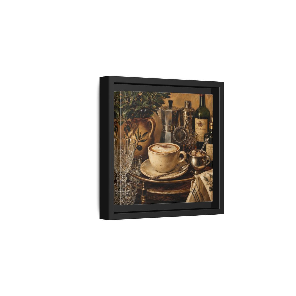 Side Mockup 3. Vintage Cappuccino Coffee Wine Still Life shown as stretched canvas wall art