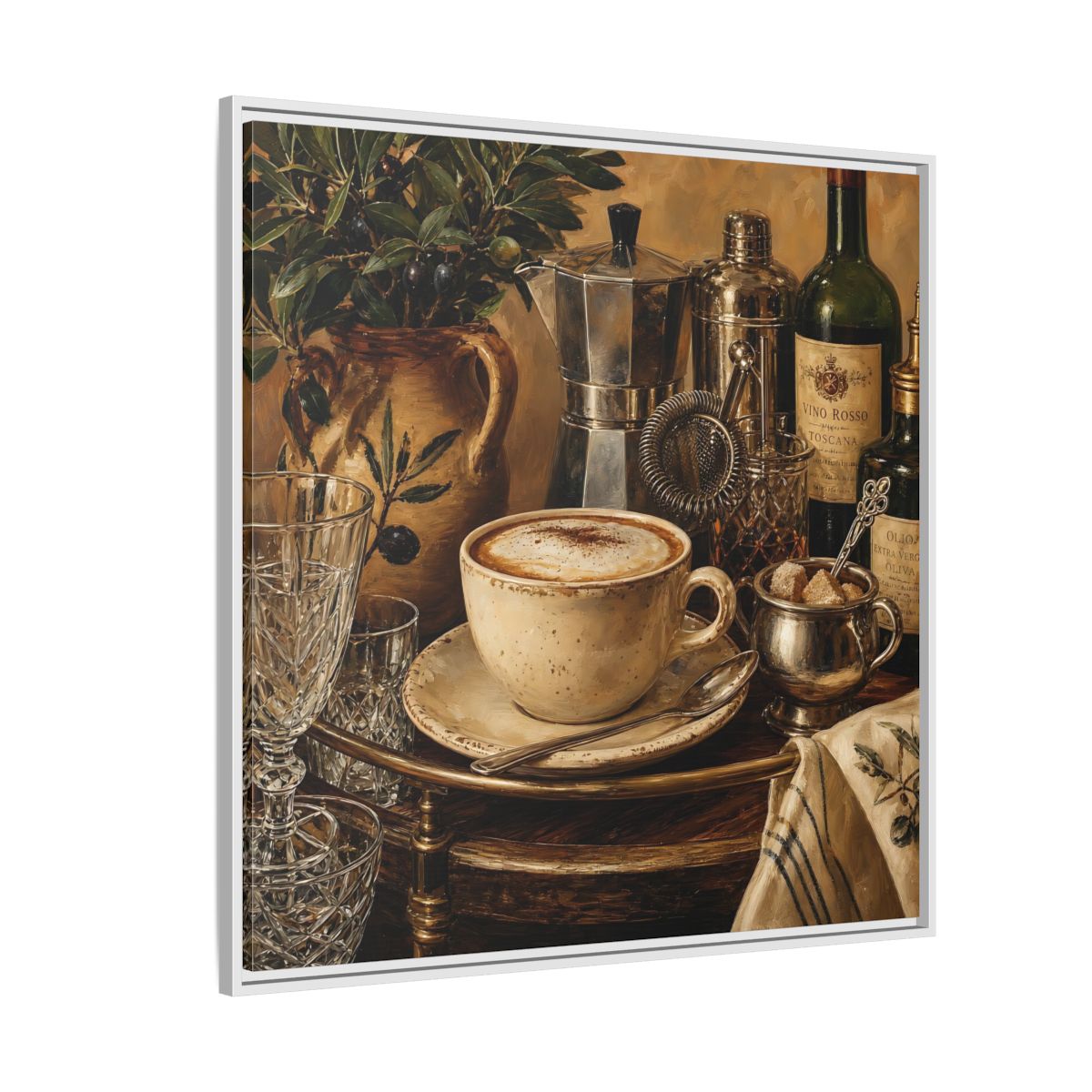Side Mockup 4. Vintage Cappuccino Coffee Wine Still Life shown as stretched canvas wall art