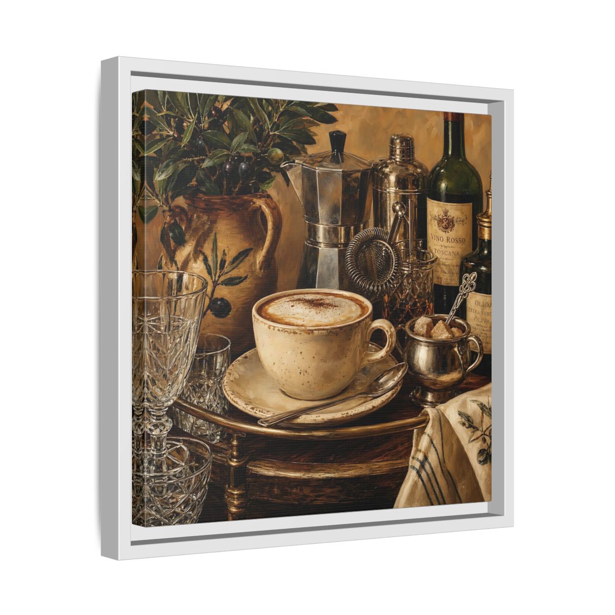 Side Mockup 28. Vintage Cappuccino Coffee Wine Still Life shown as stretched canvas wall art