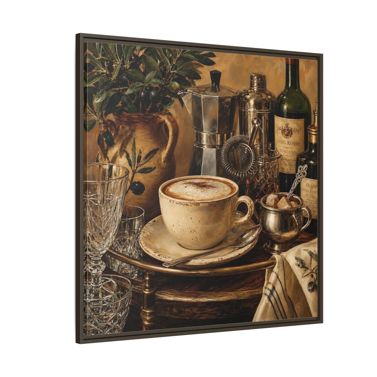 Side Mockup 5. Vintage Cappuccino Coffee Wine Still Life shown as stretched canvas wall art
