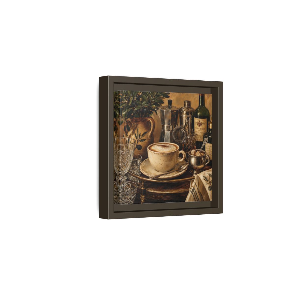 Side Mockup 2. Vintage Cappuccino Coffee Wine Still Life shown as stretched canvas wall art