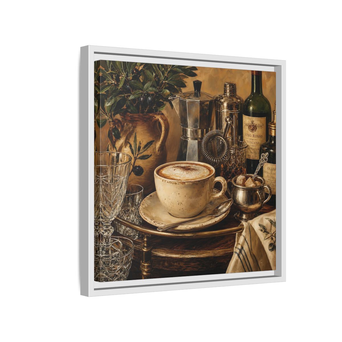 Side Mockup 13. Vintage Cappuccino Coffee Wine Still Life shown as stretched canvas wall art