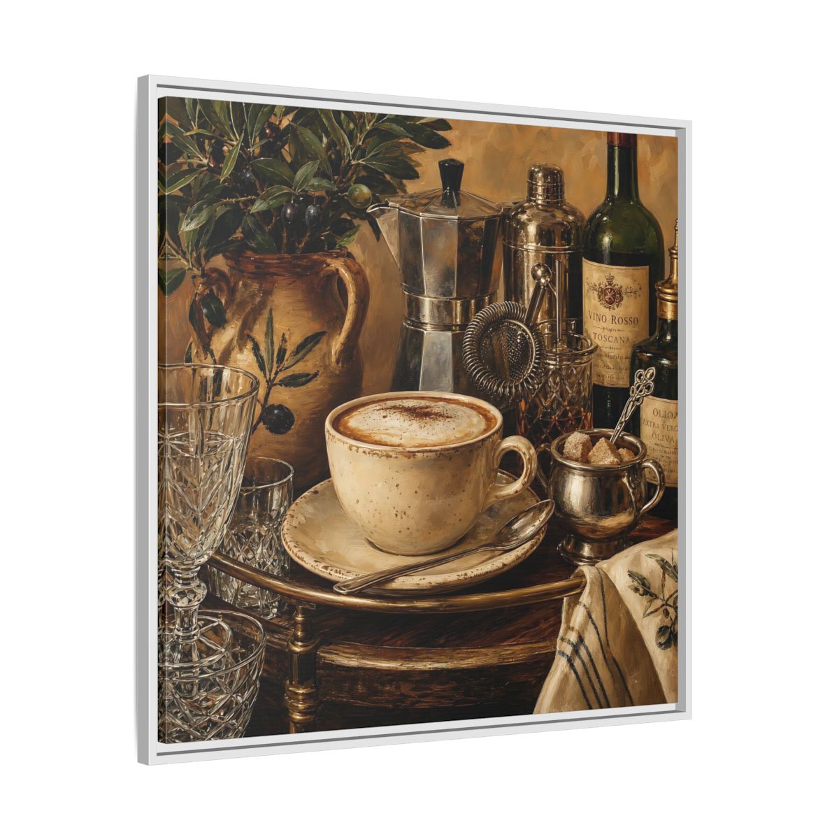 Side Mockup 25. Vintage Cappuccino Coffee Wine Still Life shown as stretched canvas wall art
