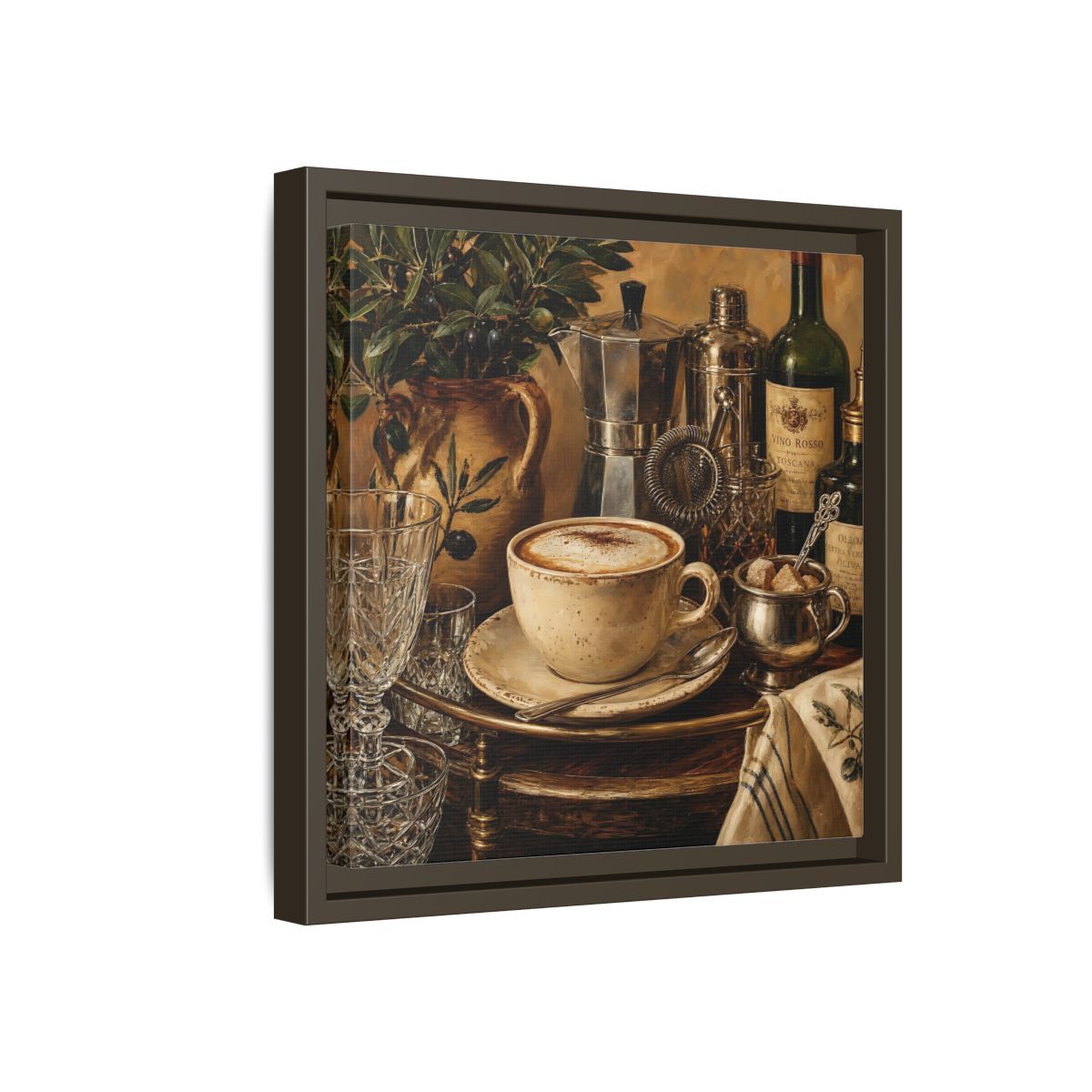 Side Mockup 17. Vintage Cappuccino Coffee Wine Still Life shown as stretched canvas wall art