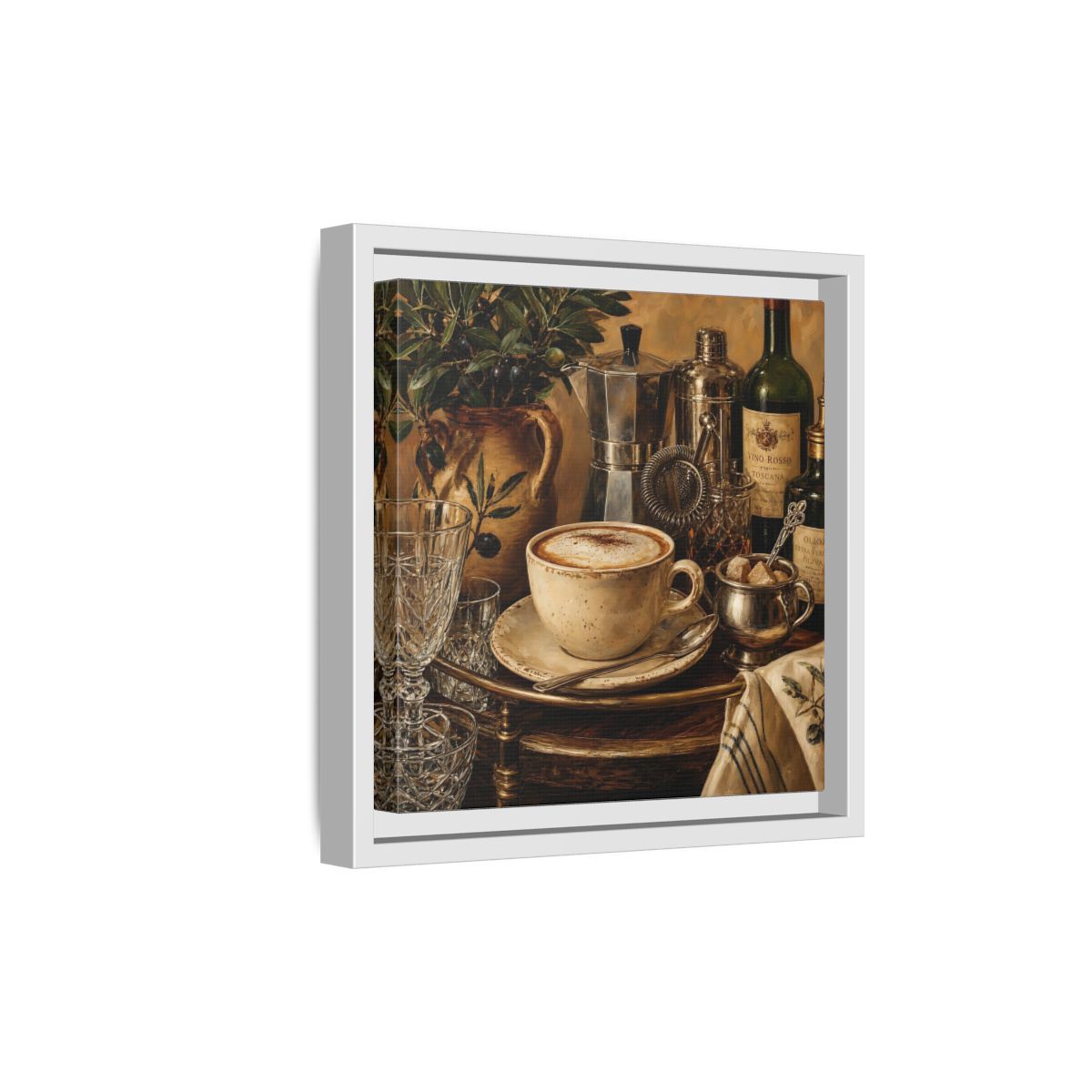 Side Mockup 19. Vintage Cappuccino Coffee Wine Still Life shown as stretched canvas wall art