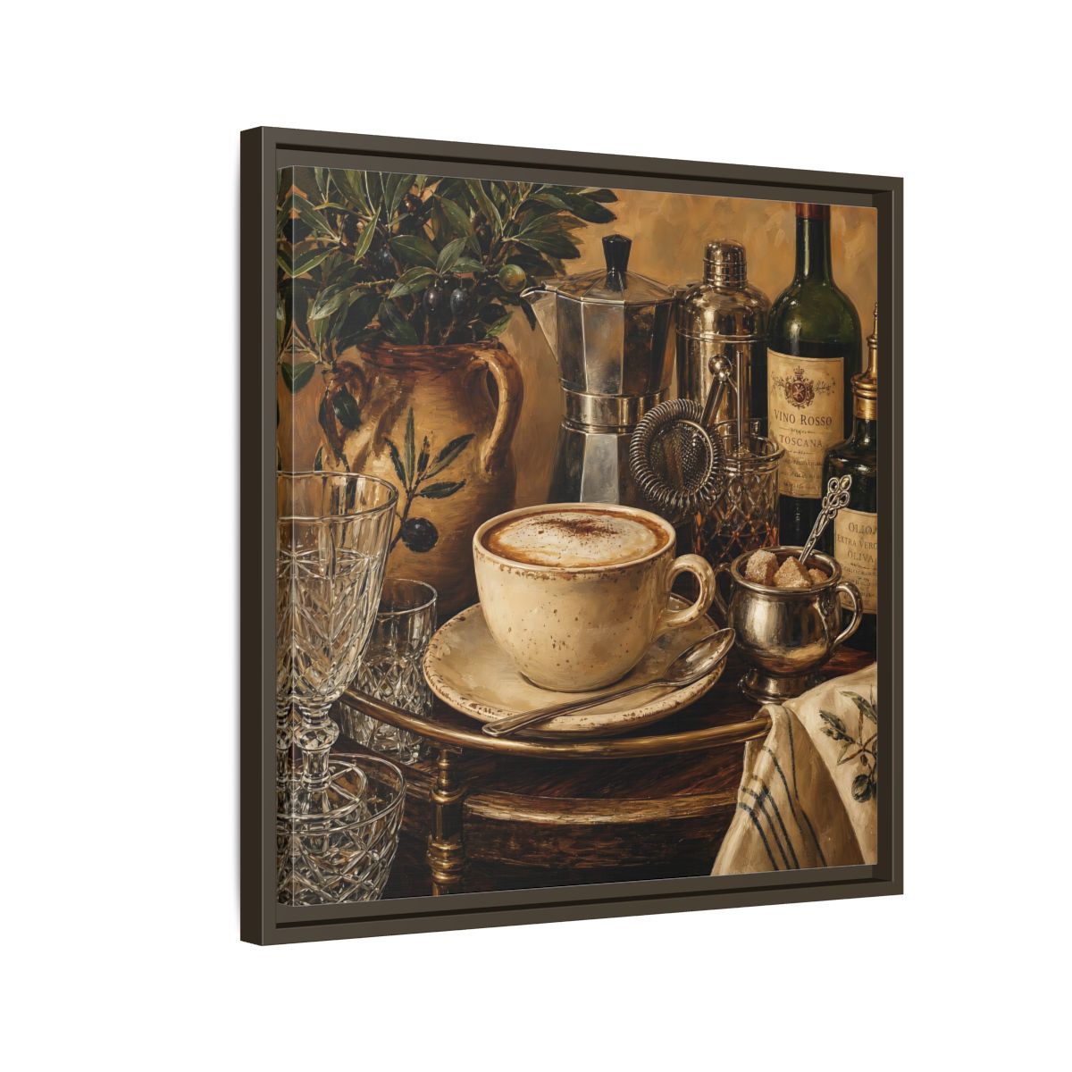 Side Mockup 11. Vintage Cappuccino Coffee Wine Still Life shown as stretched canvas wall art
