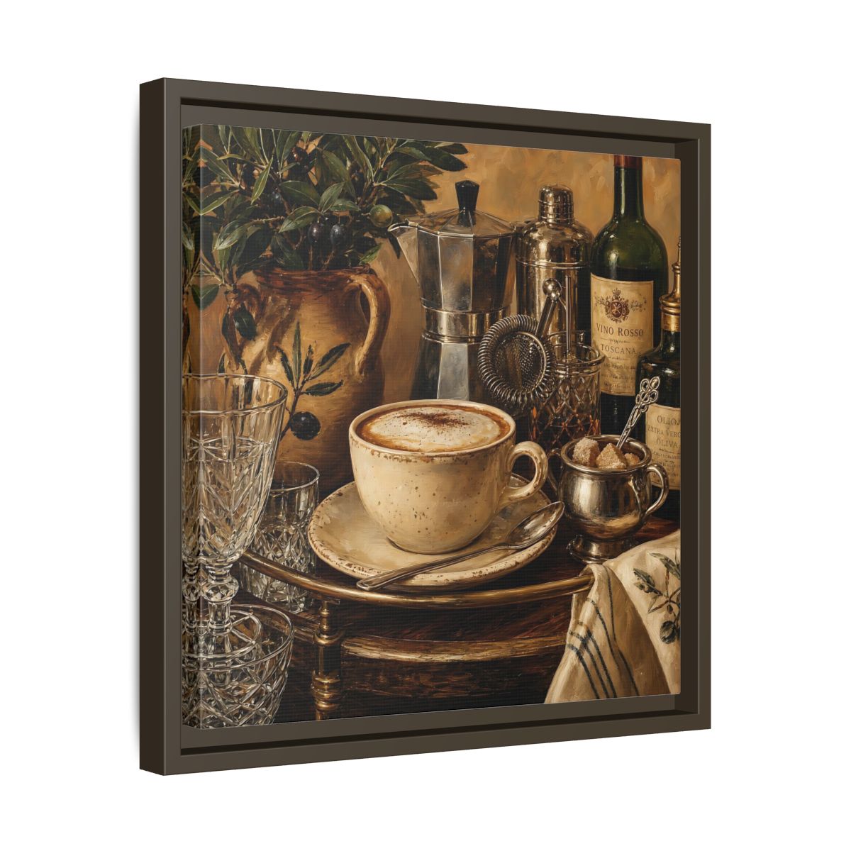 Side Mockup 29. Vintage Cappuccino Coffee Wine Still Life shown as stretched canvas wall art