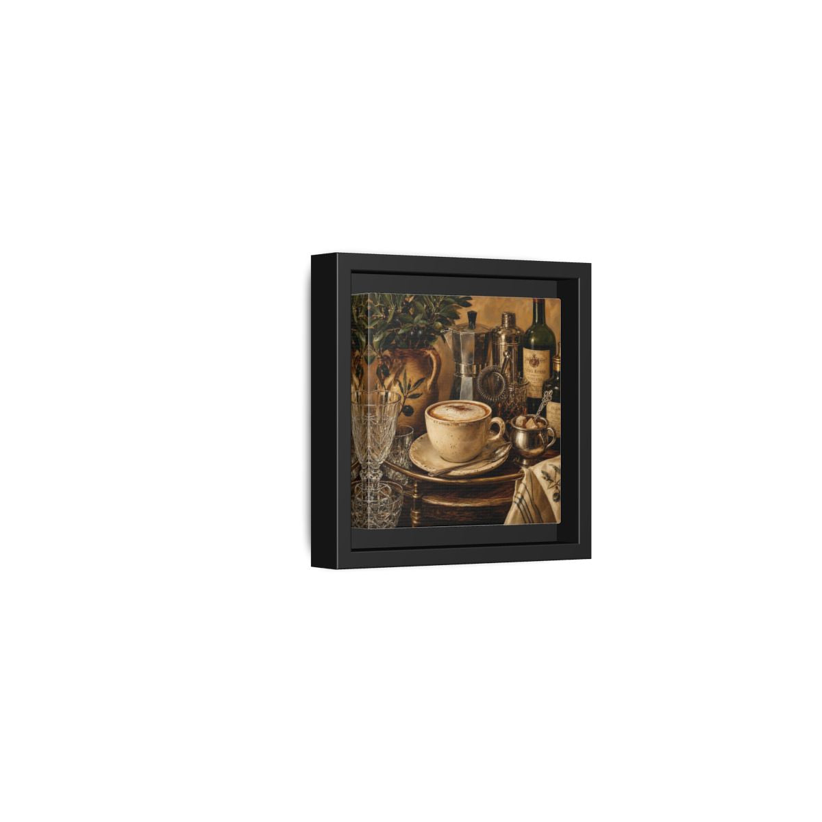 Side Mockup 24. Vintage Cappuccino Coffee Wine Still Life shown as stretched canvas wall art