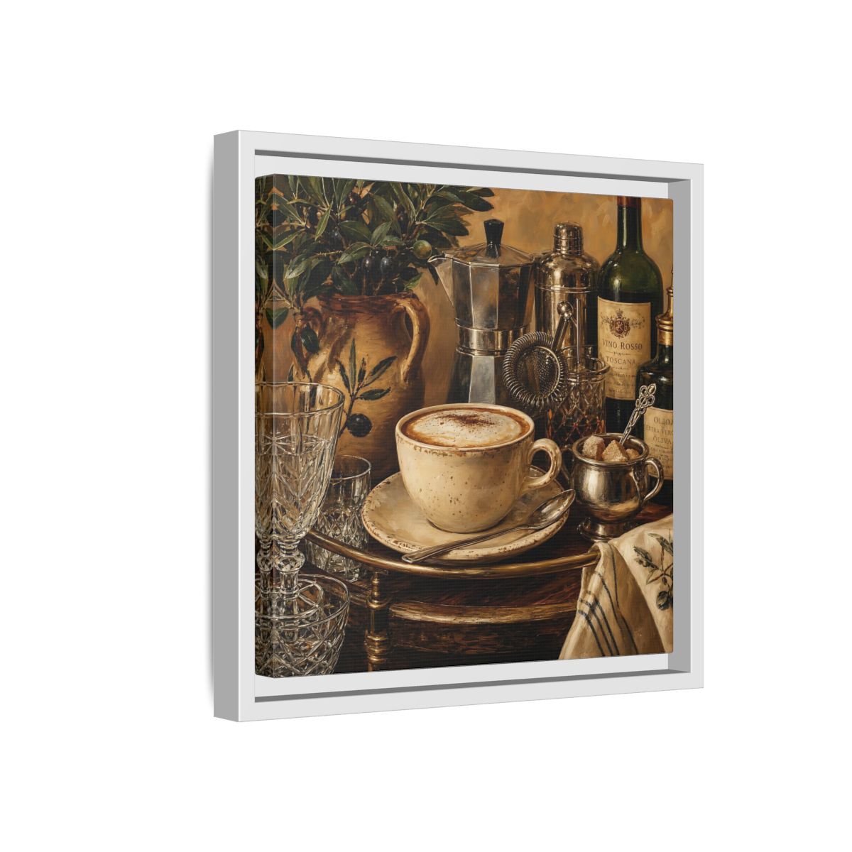 Side Mockup 16. Vintage Cappuccino Coffee Wine Still Life shown as stretched canvas wall art