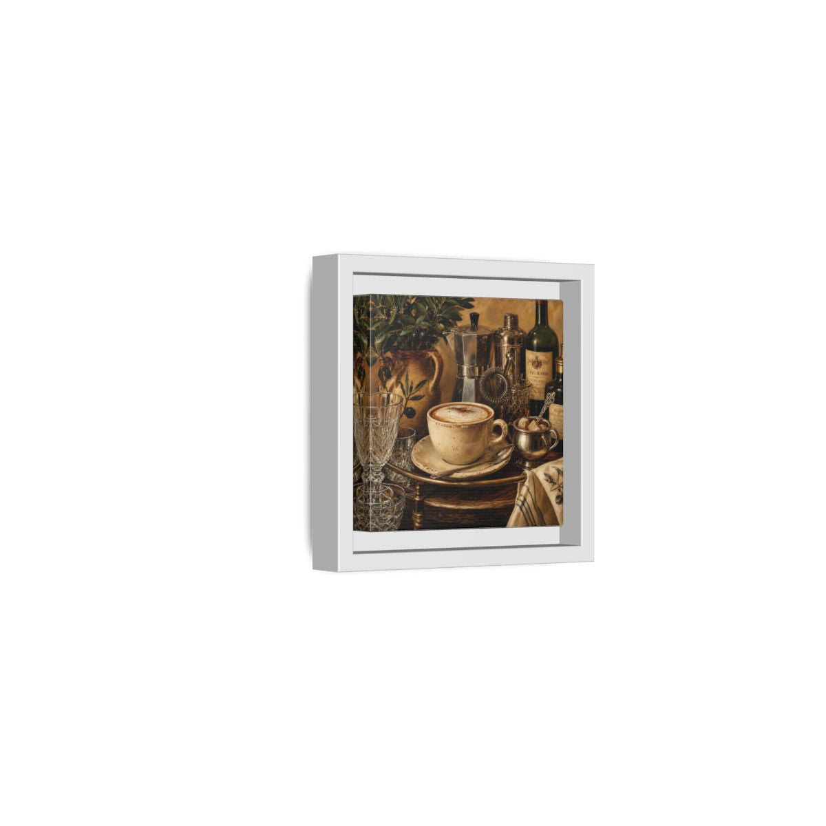 Side Mockup 22. Vintage Cappuccino Coffee Wine Still Life shown as stretched canvas wall art
