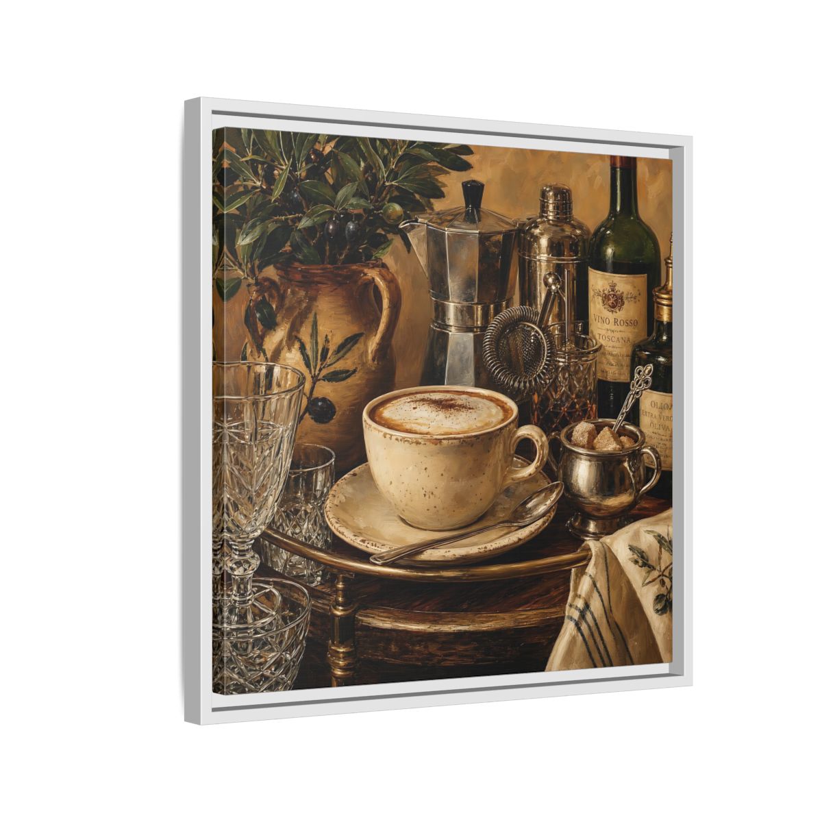 Side Mockup 10. Vintage Cappuccino Coffee Wine Still Life shown as stretched canvas wall art