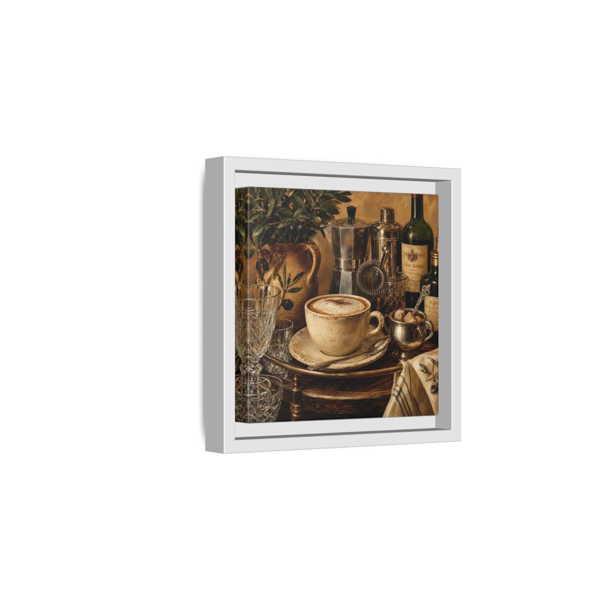 Side Mockup 1. Vintage Cappuccino Coffee Wine Still Life shown as stretched canvas wall art
