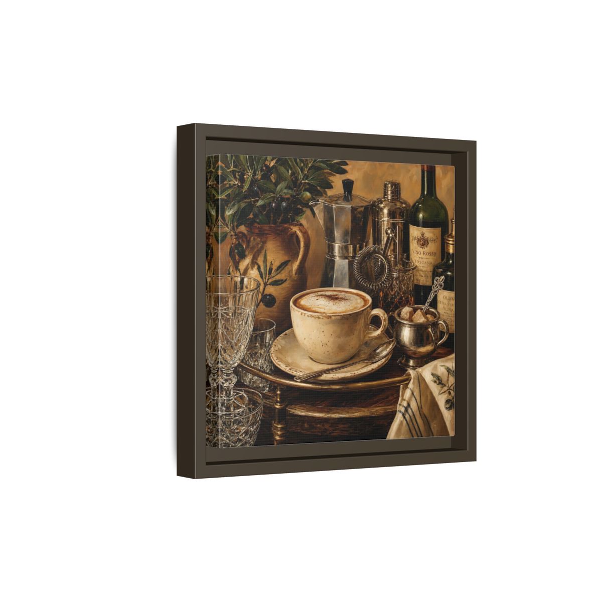 Side Mockup 20. Vintage Cappuccino Coffee Wine Still Life shown as stretched canvas wall art