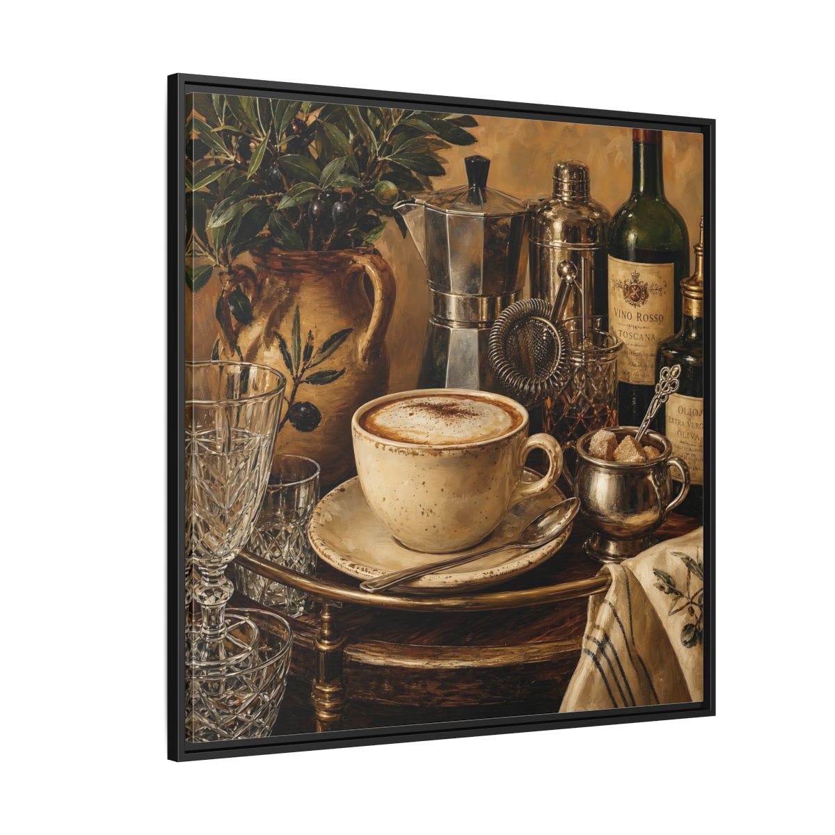 Side Mockup 6. Vintage Cappuccino Coffee Wine Still Life shown as stretched canvas wall art