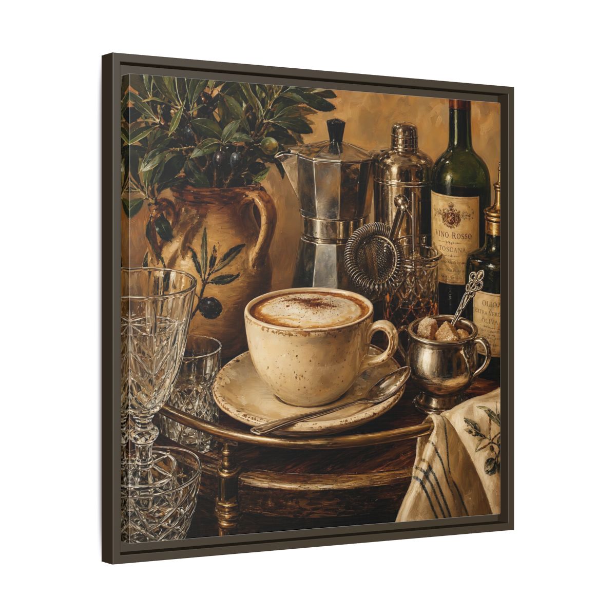 Side Mockup 27. Vintage Cappuccino Coffee Wine Still Life shown as stretched canvas wall art