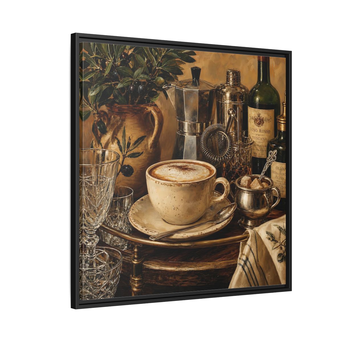 Side Mockup 9. Vintage Cappuccino Coffee Wine Still Life shown as stretched canvas wall art