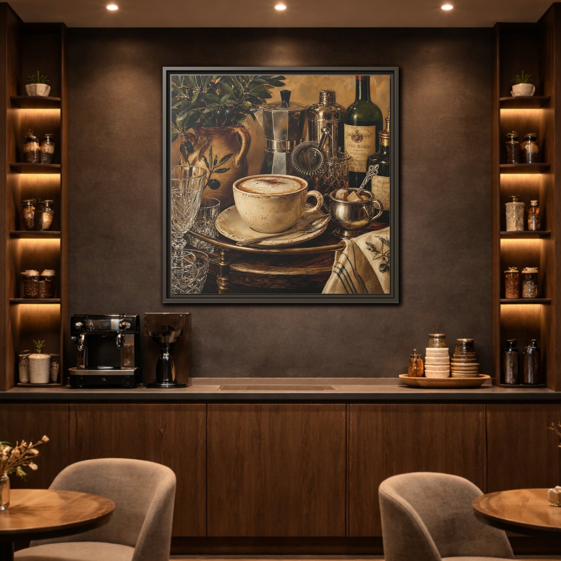 Mockup 2. Vintage Cappuccino Coffee Wine Still Life shown as stretched canvas wall art
