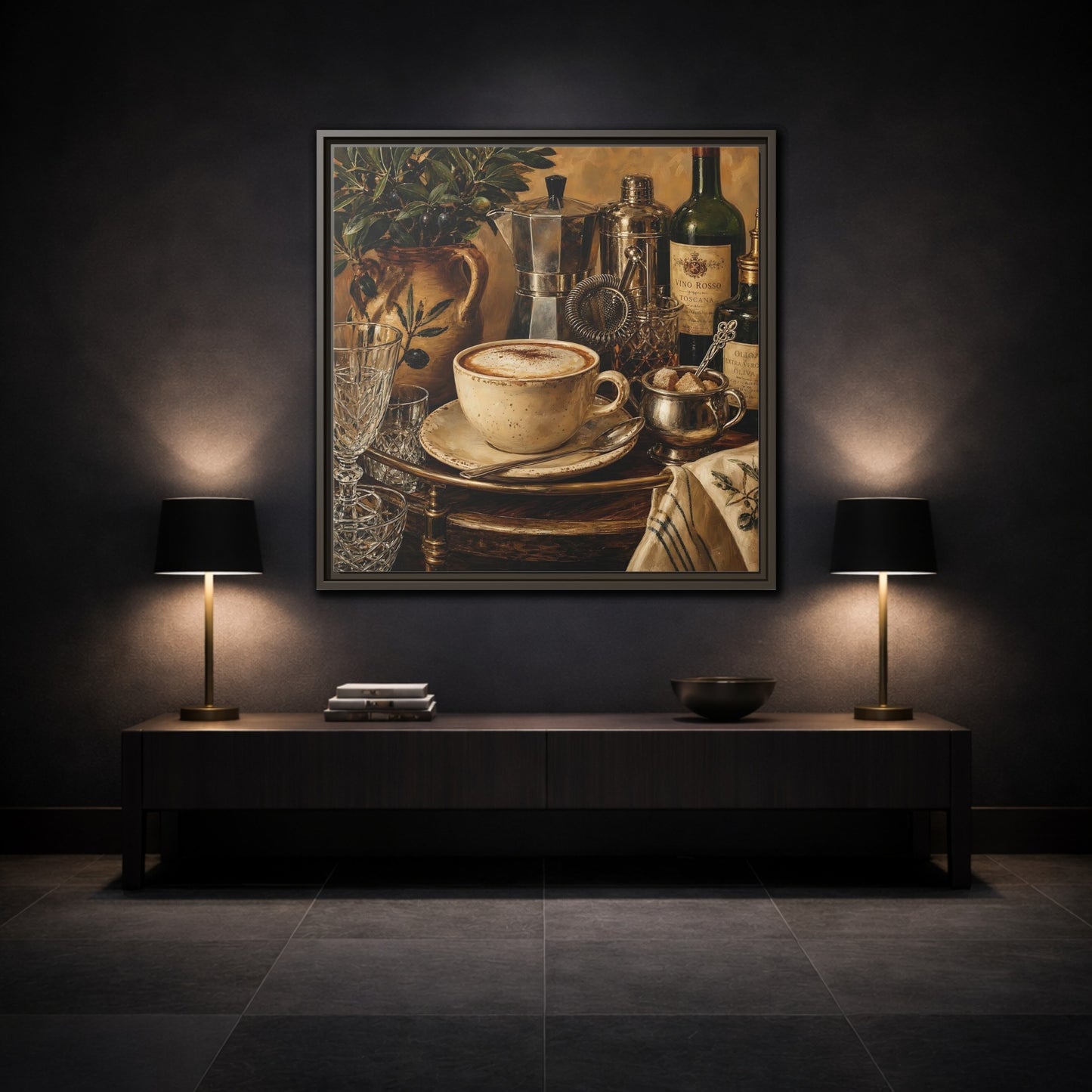 Mockup 3. Vintage Cappuccino Coffee Wine Still Life shown as stretched canvas wall art