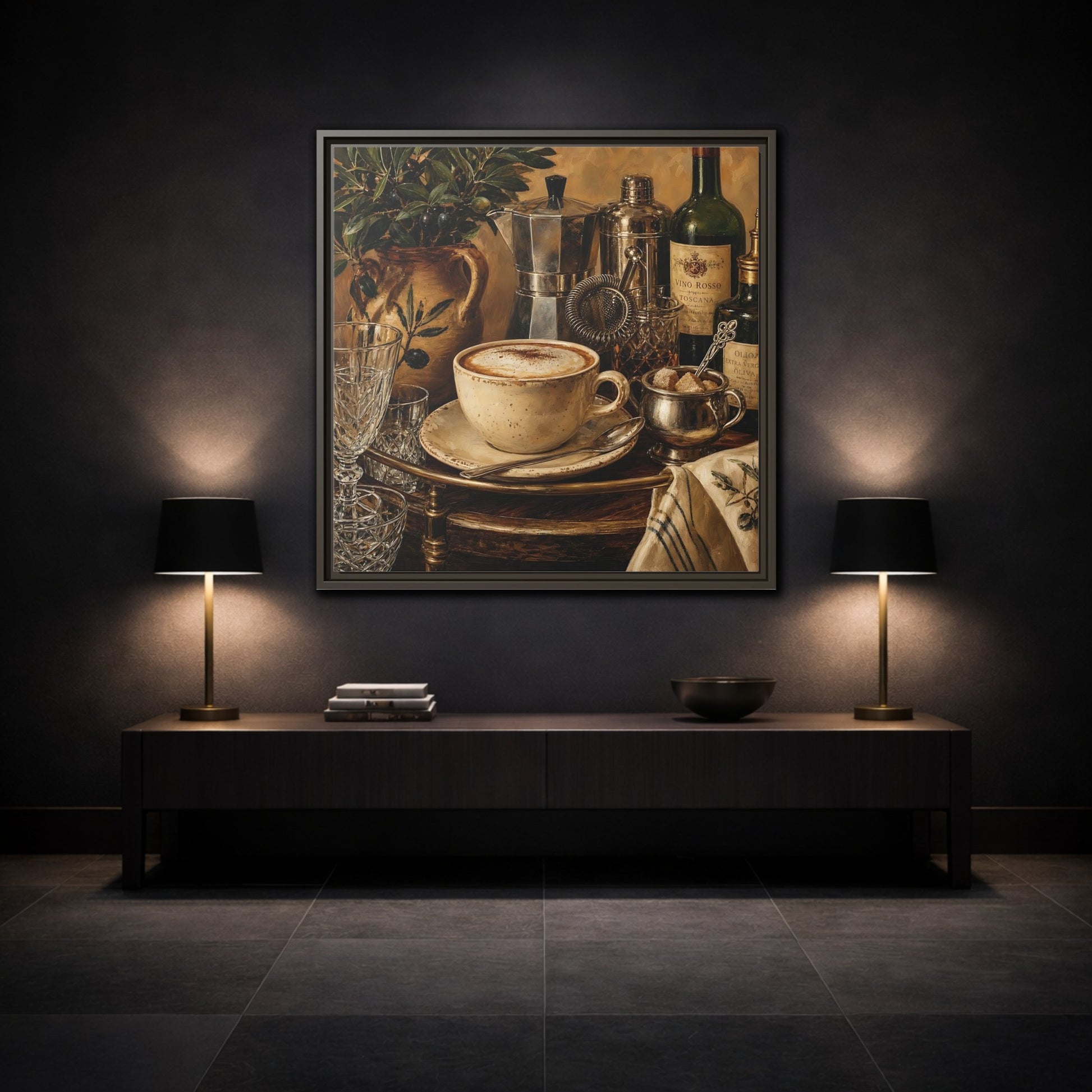 Mockup 3. Vintage Cappuccino Coffee Wine Still Life shown as stretched canvas wall art