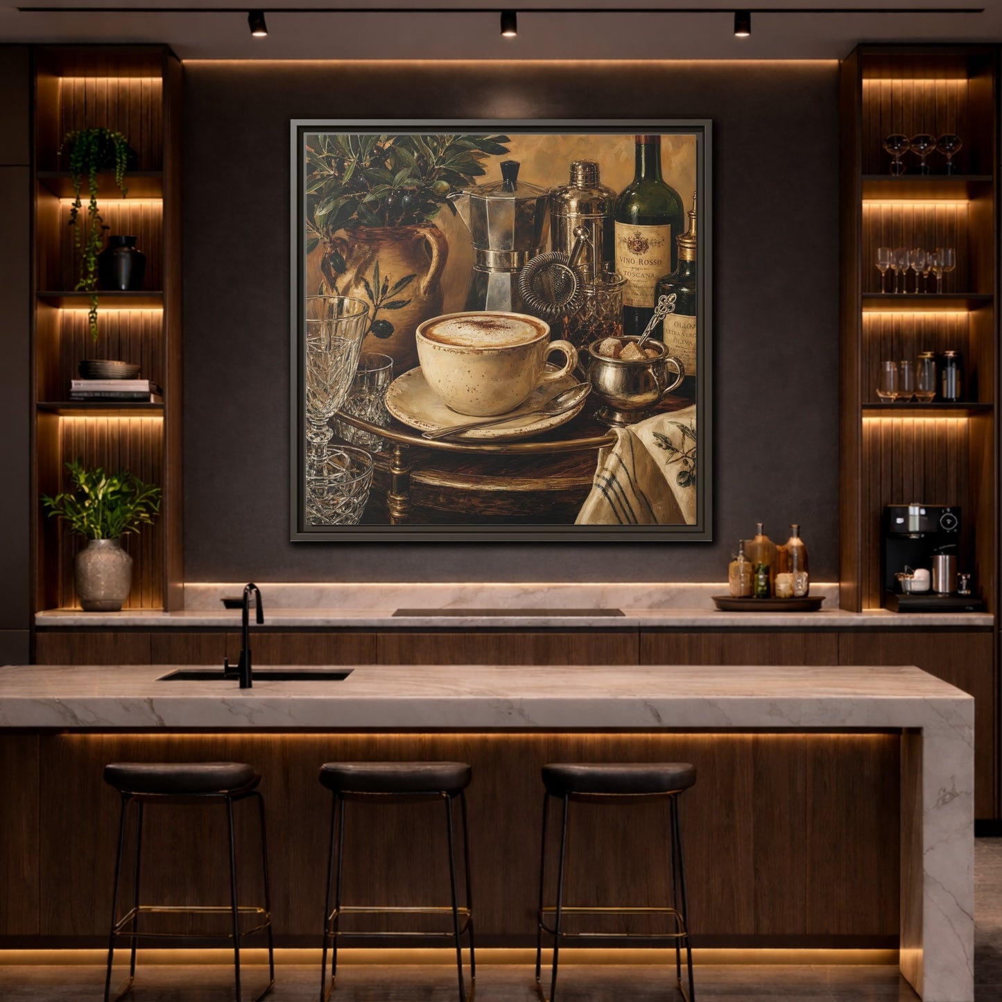 Mockup 4. Vintage Cappuccino Coffee Wine Still Life shown as stretched canvas wall art