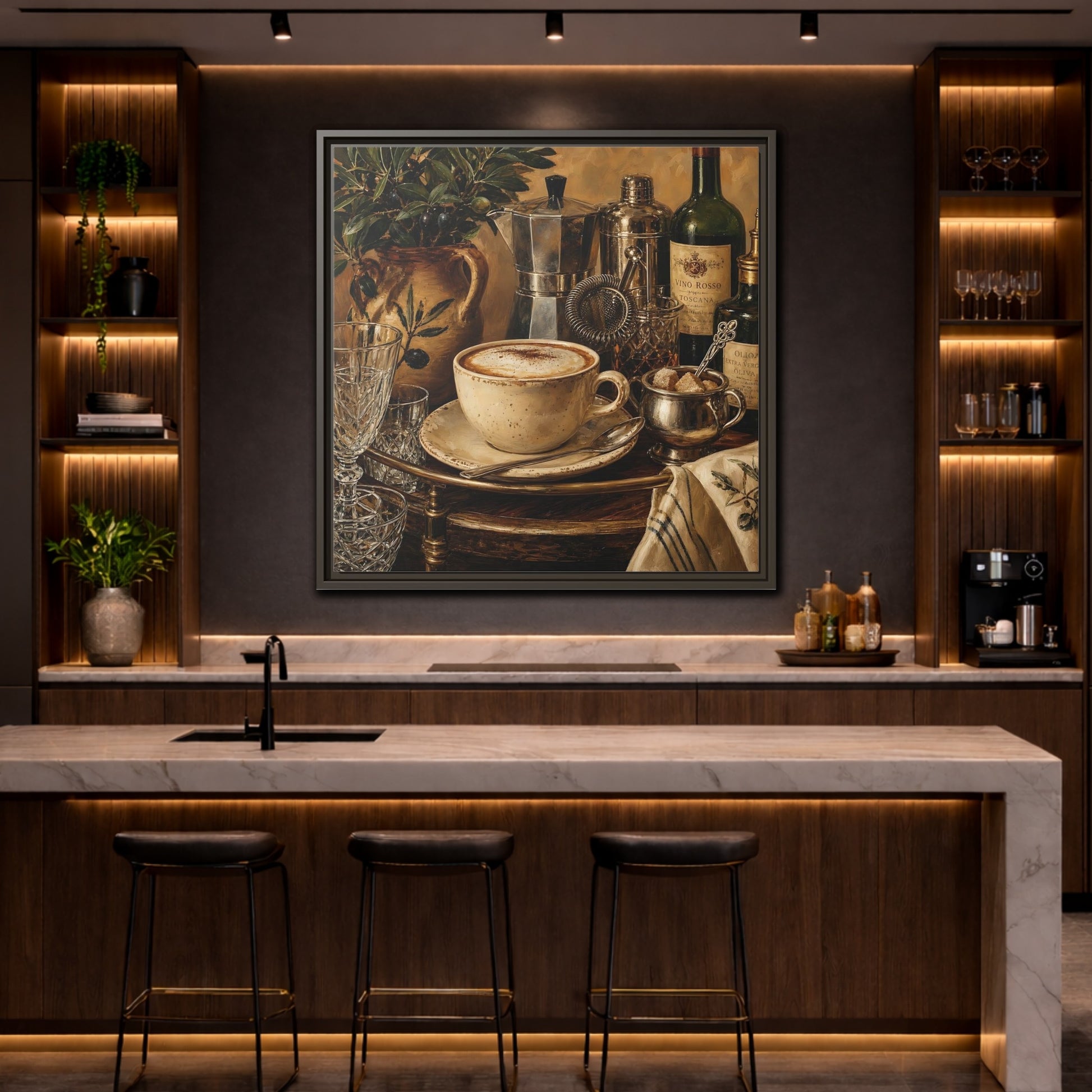 Mockup 4. Vintage Cappuccino Coffee Wine Still Life shown as stretched canvas wall art