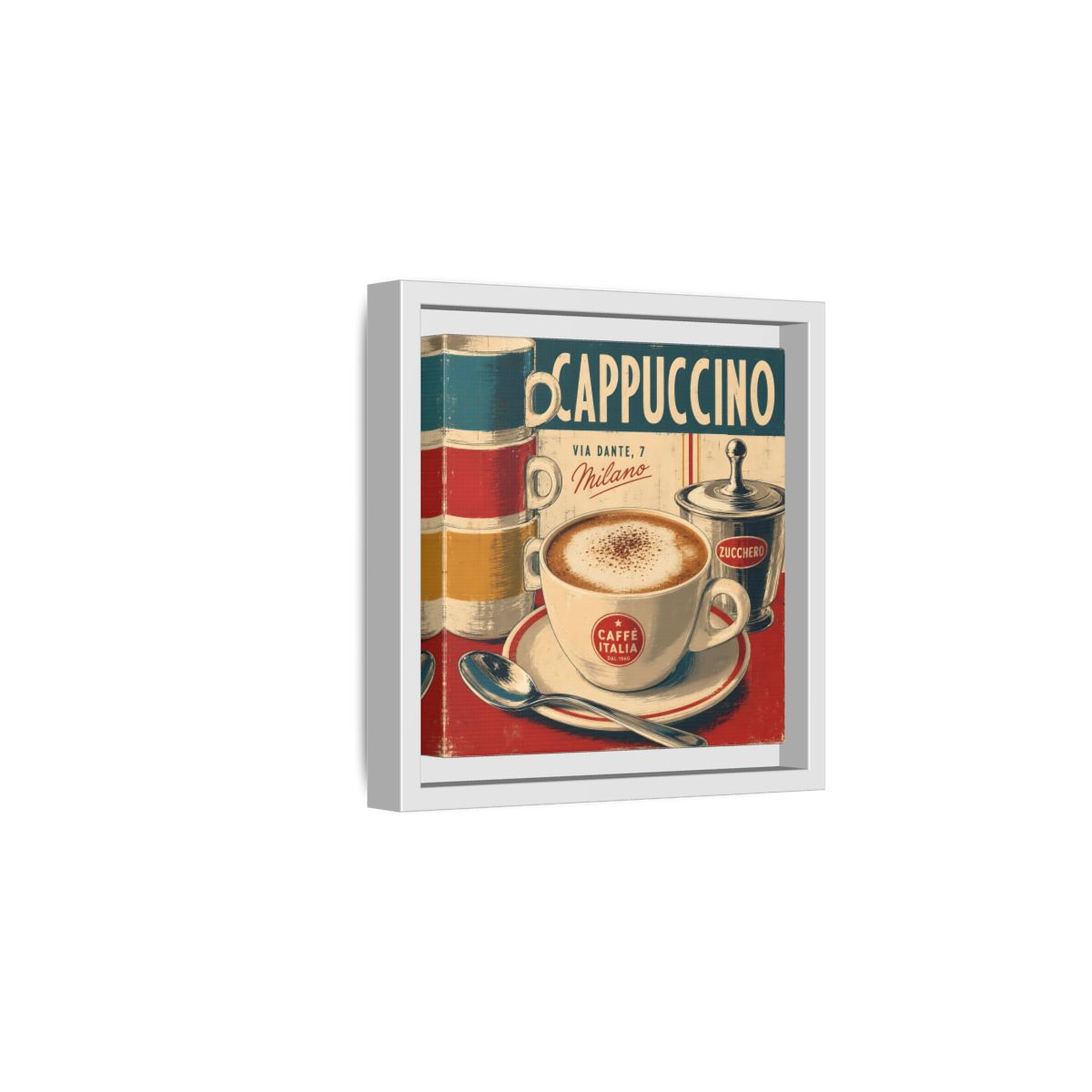 Side Mockup 1. Vintage Cappuccino Red And Cream shown as stretched canvas wall art