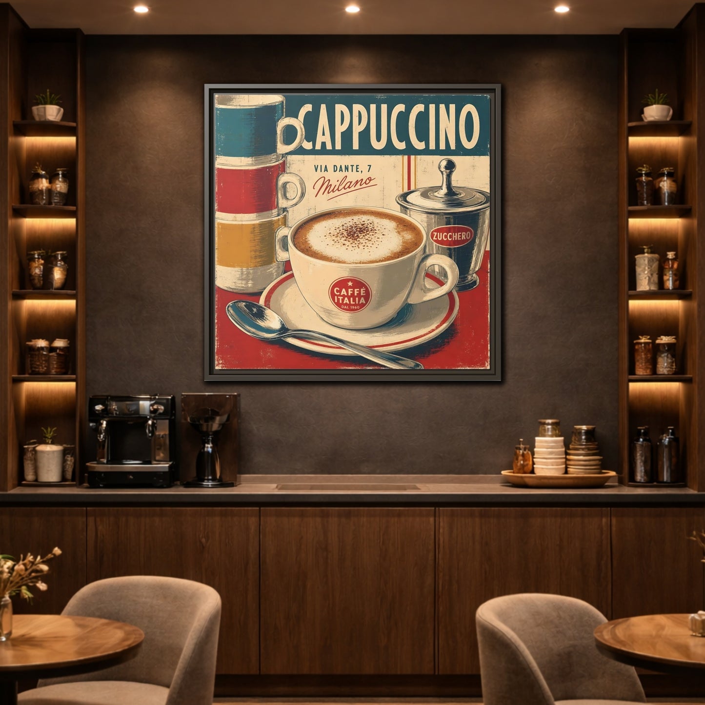 Mockup 2. Vintage Cappuccino Red And Cream shown as stretched canvas wall art