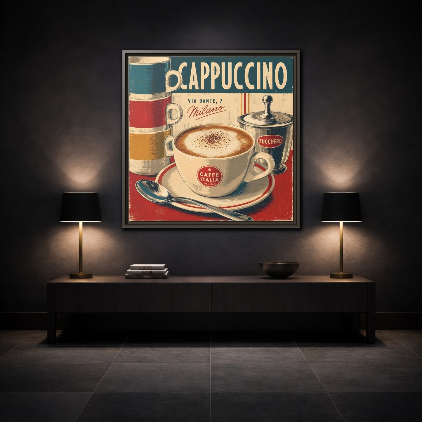Mockup 3. Vintage Cappuccino Red And Cream shown as stretched canvas wall art