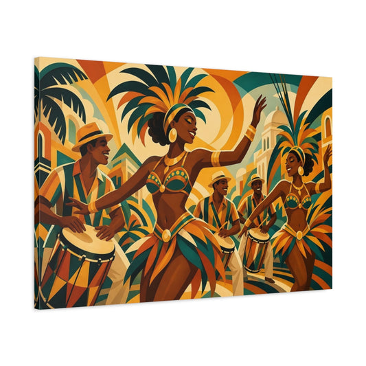Main Mockup. Vintage Carnival Dancers Orange Teal Celebration shown as canvas print