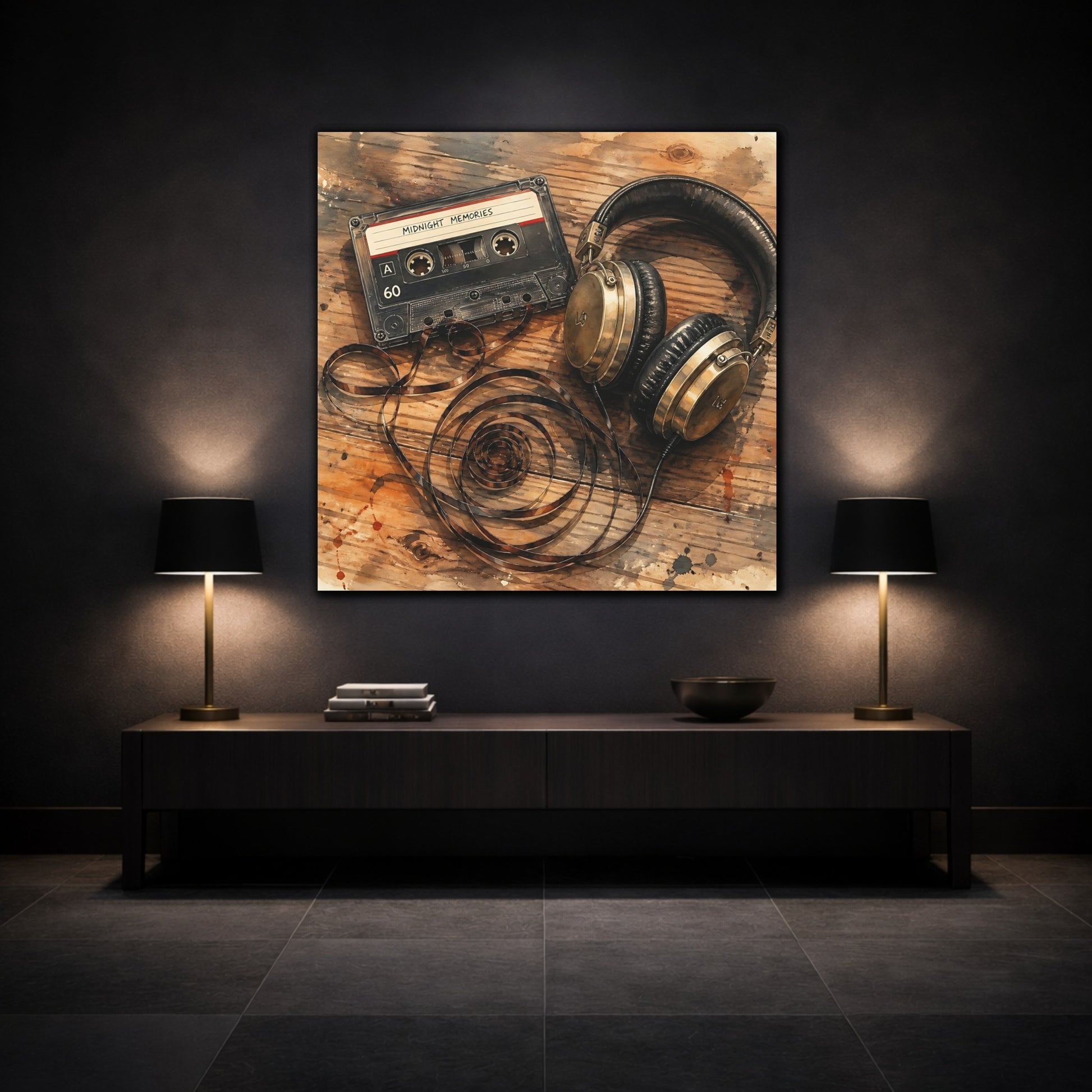 Mockup 3. Vintage Cassette & Headphones shown as canvas print