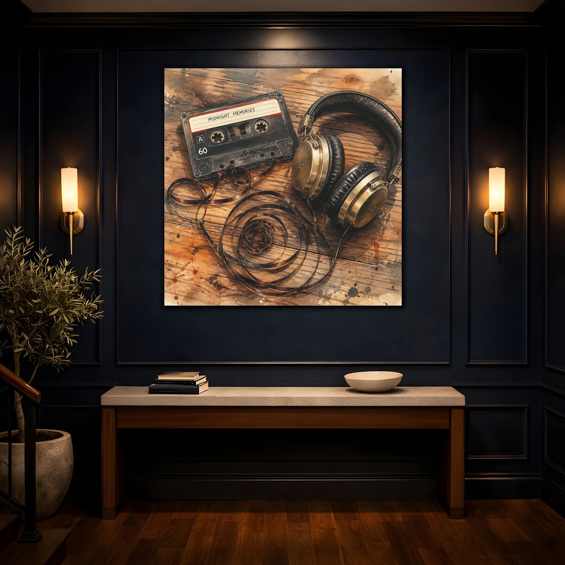 Mockup 4. Vintage Cassette & Headphones shown as canvas print
