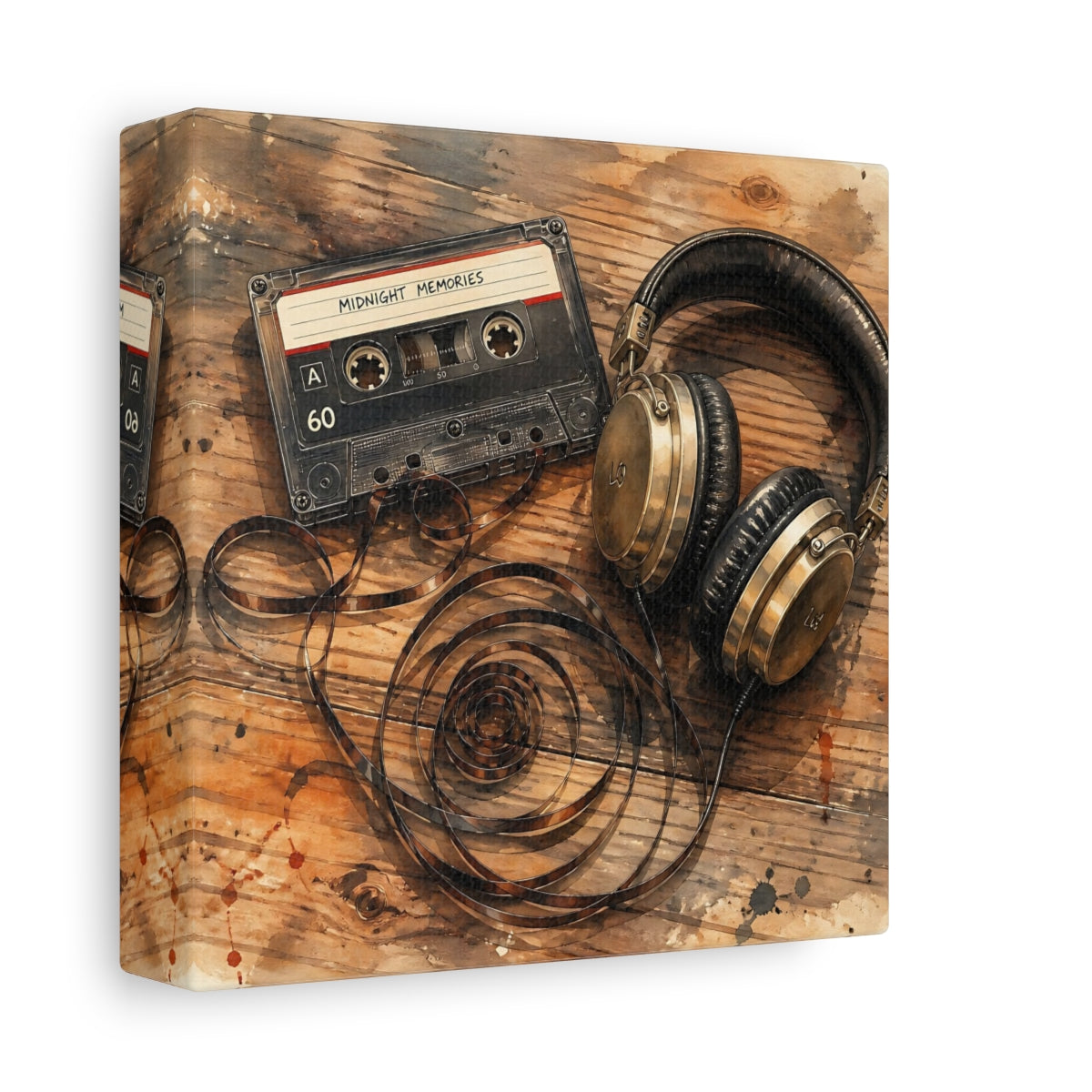 Side Mockup 2. Vintage Cassette & Headphones shown as canvas print