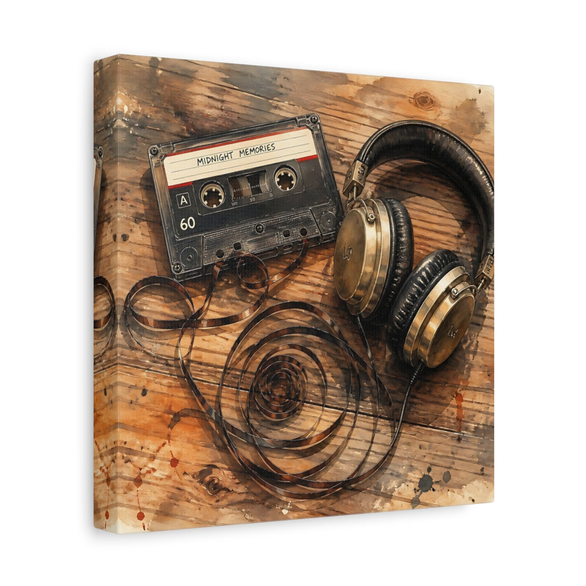 Side Mockup 9. Vintage Cassette & Headphones shown as canvas print