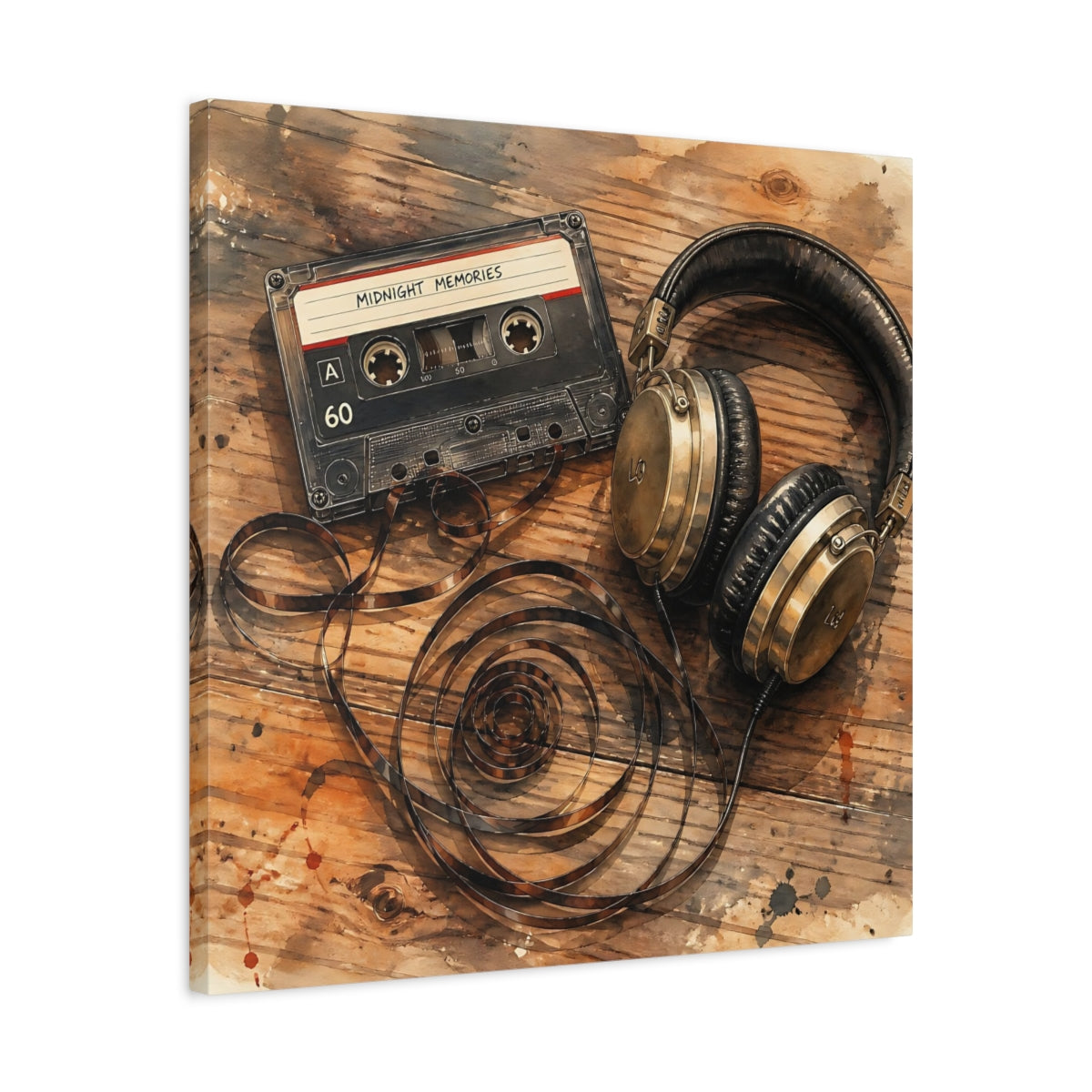 Side Mockup 4. Vintage Cassette & Headphones shown as canvas print