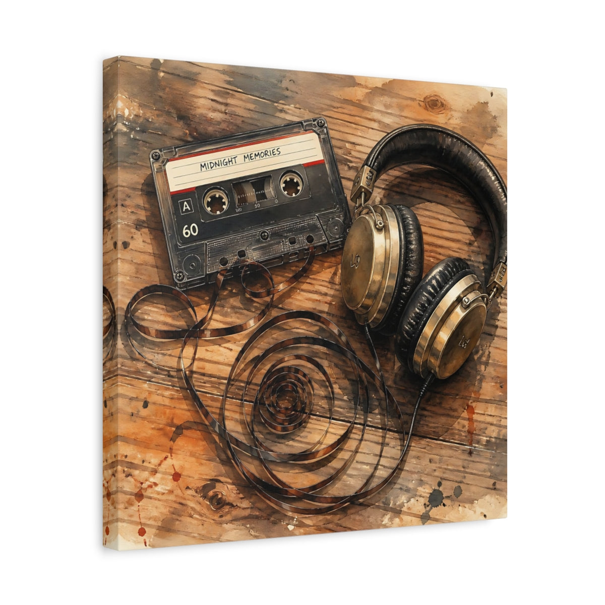 Side Mockup 6. Vintage Cassette & Headphones shown as canvas print