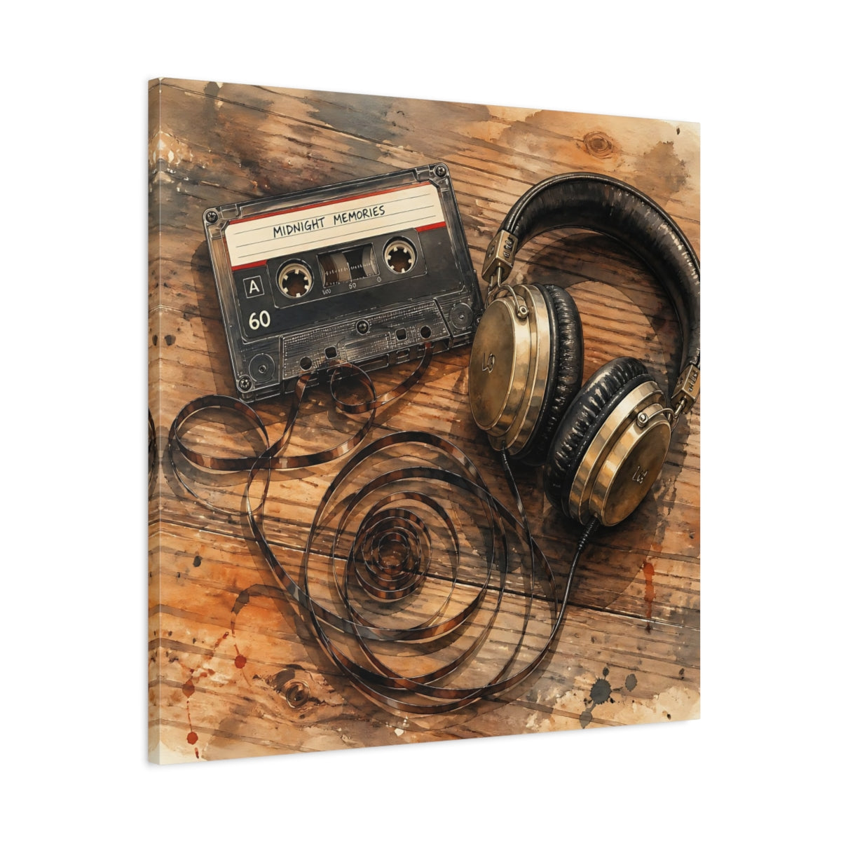 Side Mockup 3. Vintage Cassette & Headphones shown as canvas print
