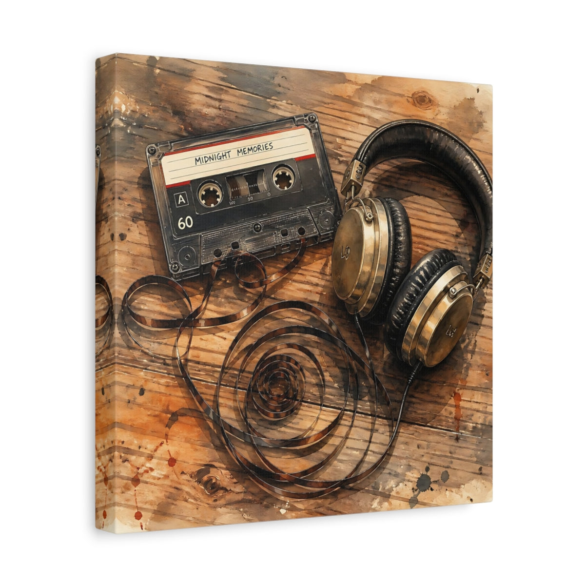 Side Mockup 8. Vintage Cassette & Headphones shown as canvas print