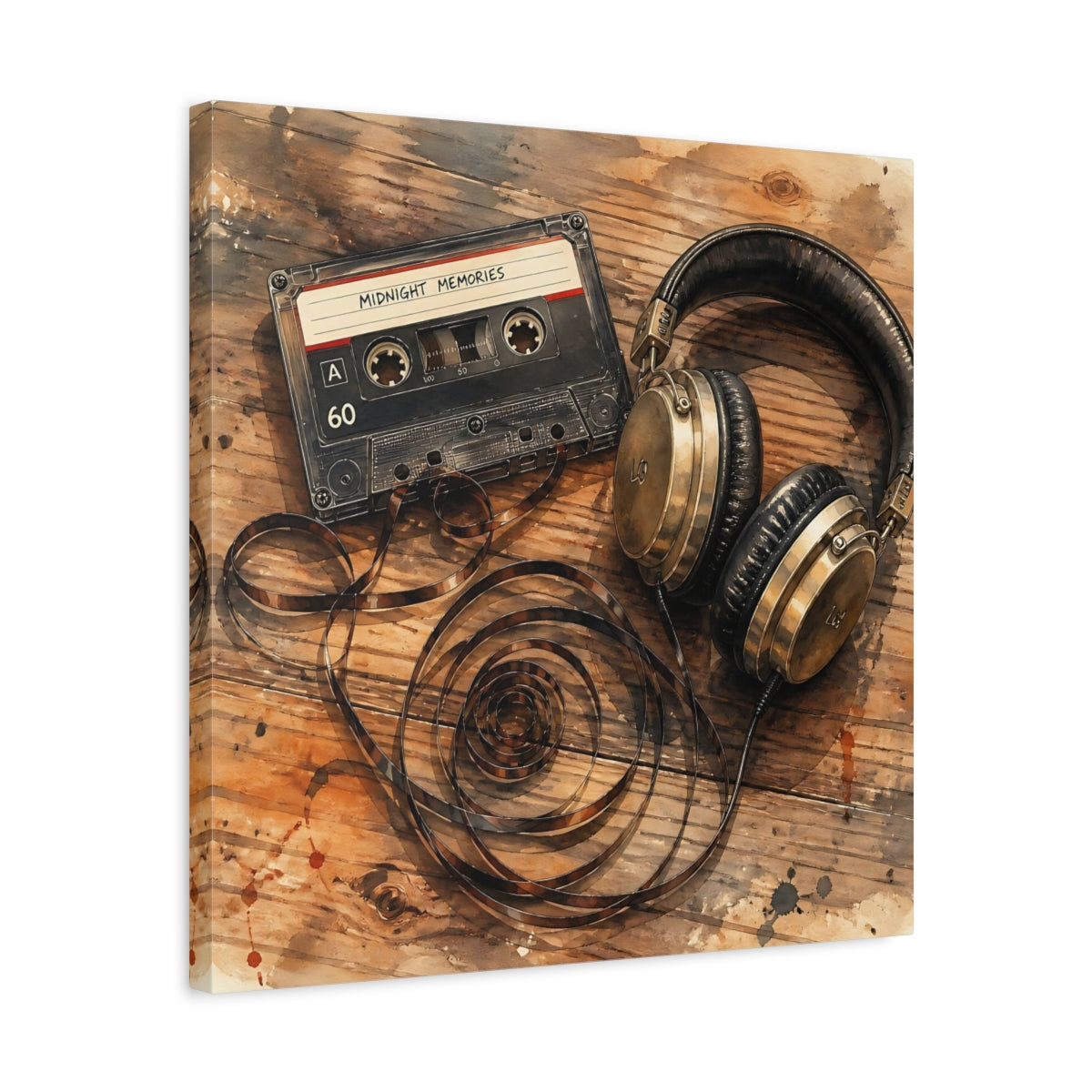 Side Mockup 5. Vintage Cassette & Headphones shown as canvas print