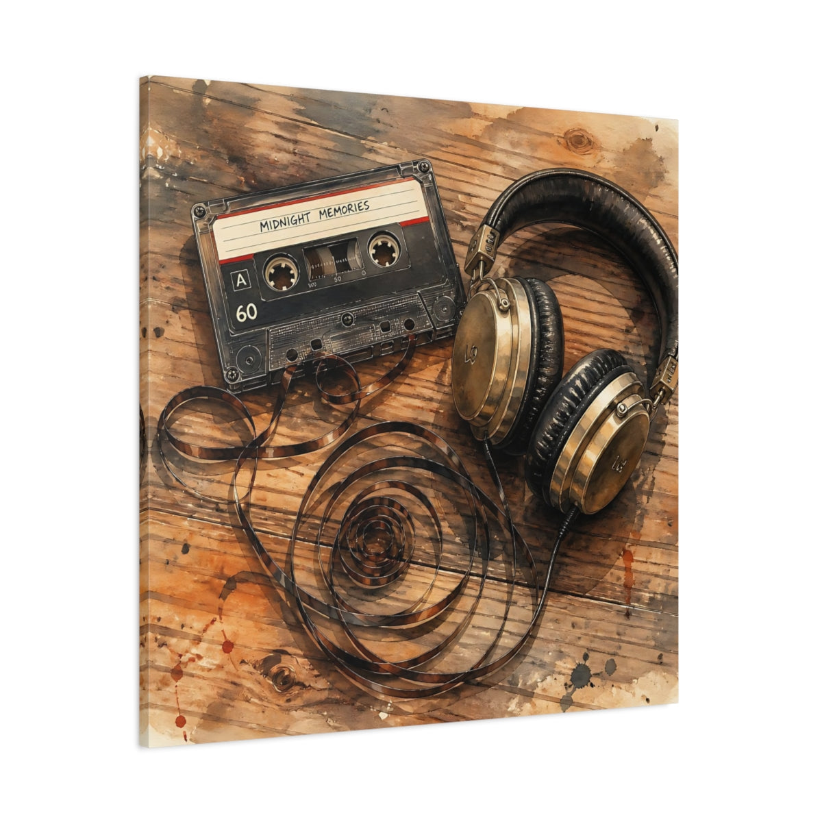 Side Mockup 1. Vintage Cassette & Headphones shown as canvas print