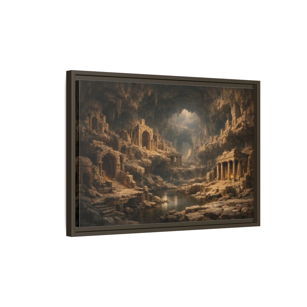 Side Mockup 2. Vintage Cave Ruins Earthy Tones shown as stretched canvas wall art