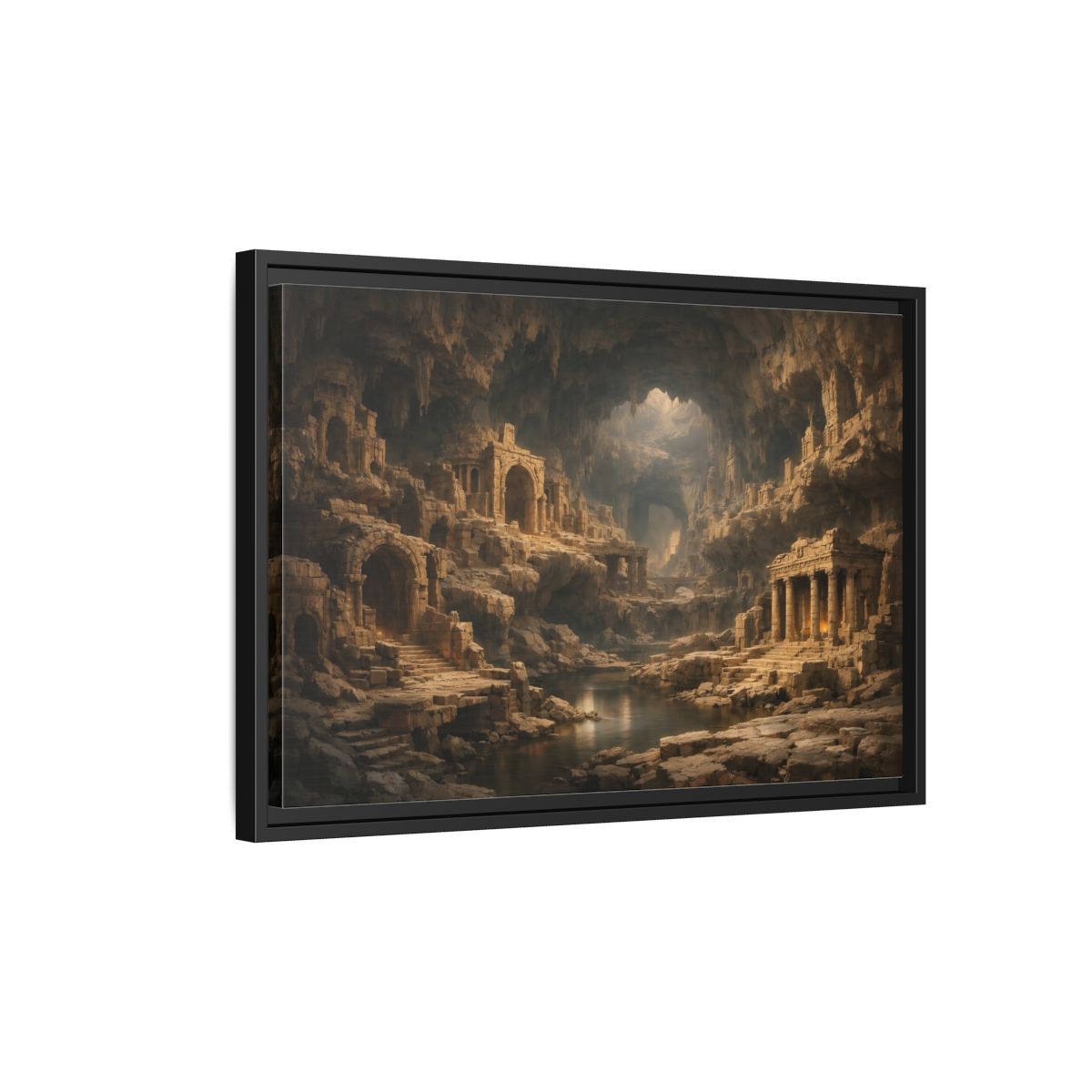 Side Mockup 3. Vintage Cave Ruins Earthy Tones shown as stretched canvas wall art