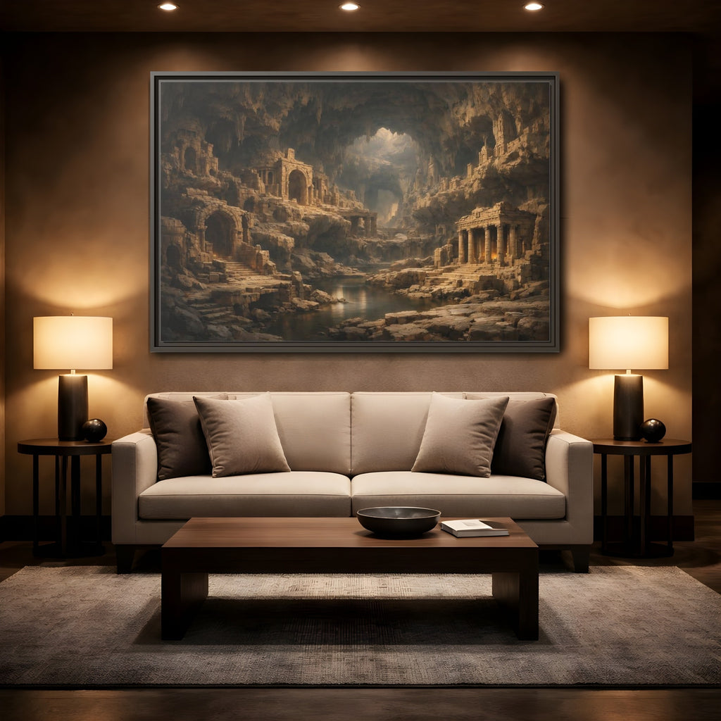Mockup 2. Vintage Cave Ruins Earthy Tones shown as stretched canvas wall art