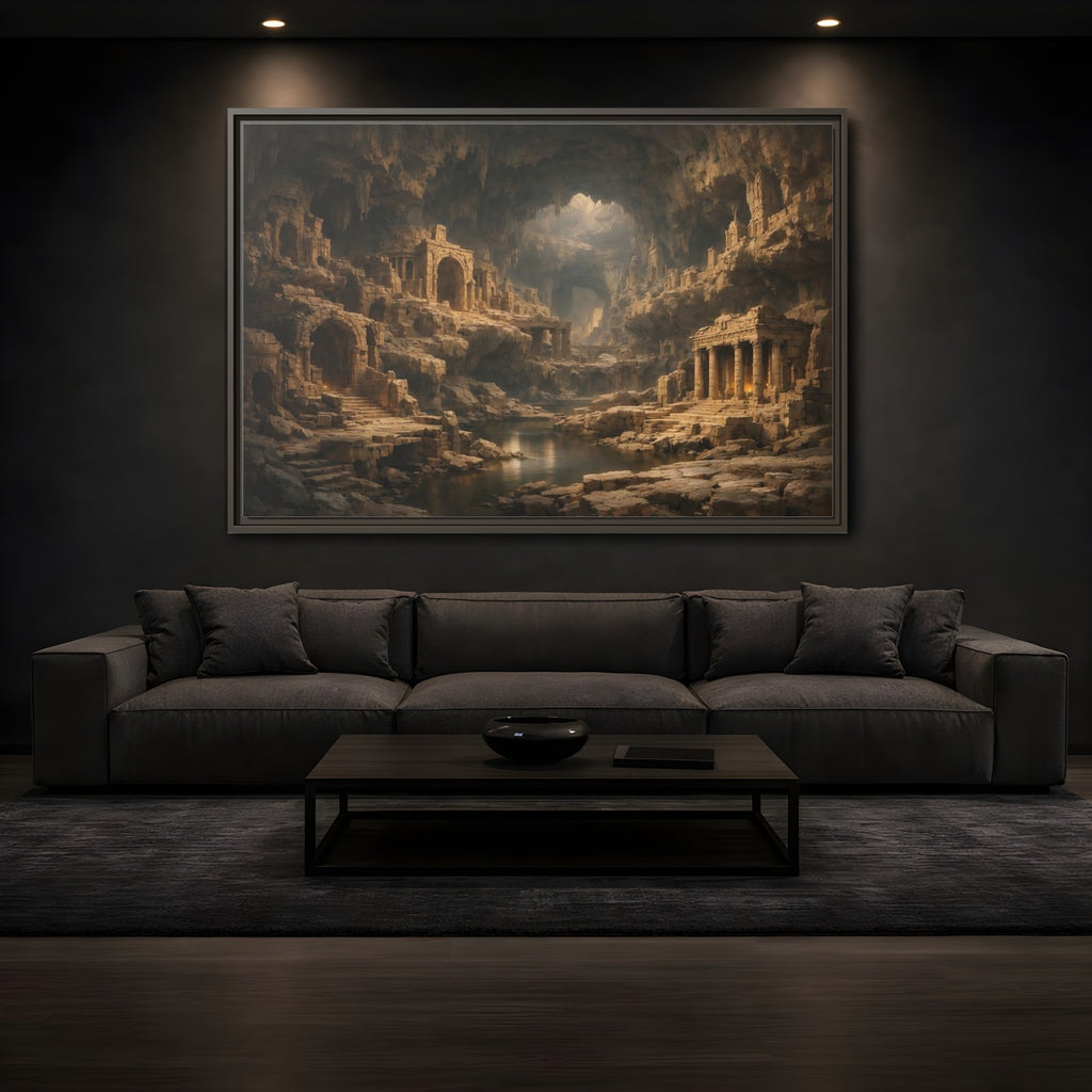 Mockup 3. Vintage Cave Ruins Earthy Tones shown as stretched canvas wall art