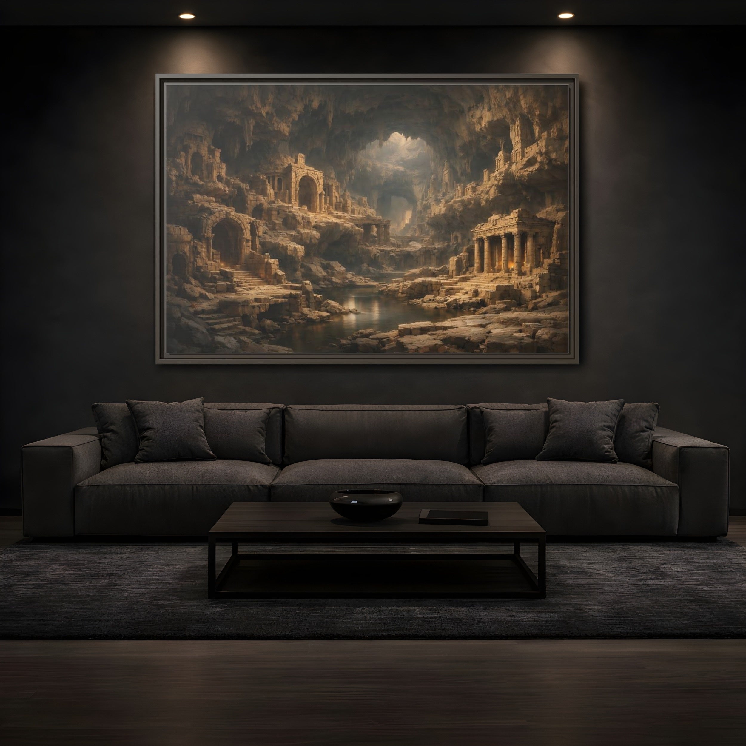 Mockup 3. Vintage Cave Ruins Earthy Tones shown as stretched canvas wall art