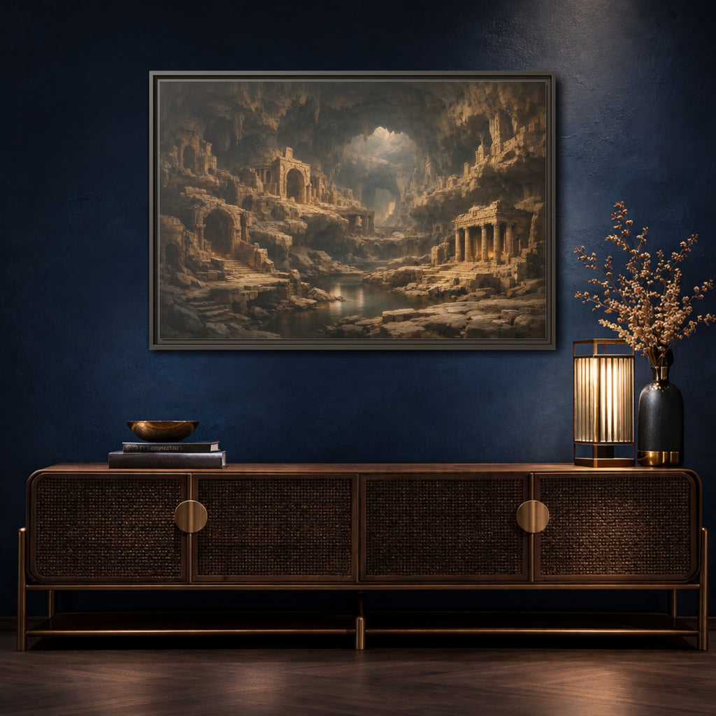 Mockup 4. Vintage Cave Ruins Earthy Tones shown as stretched canvas wall art
